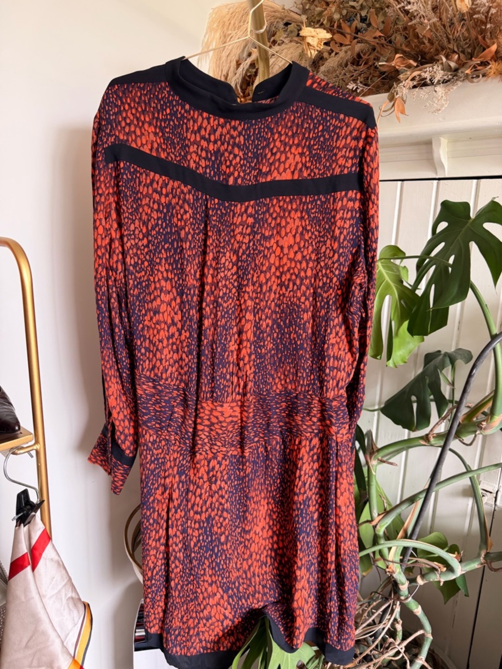 Reiss Red and Black Long-Sleeve Printed Midi Dress
